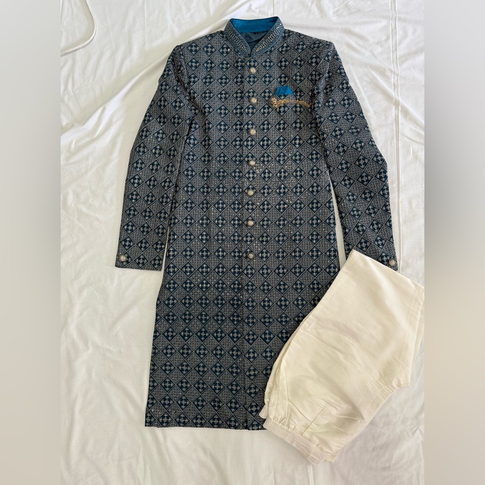 Blue Patterned Indowestern Full Set - Picture 2 of 8